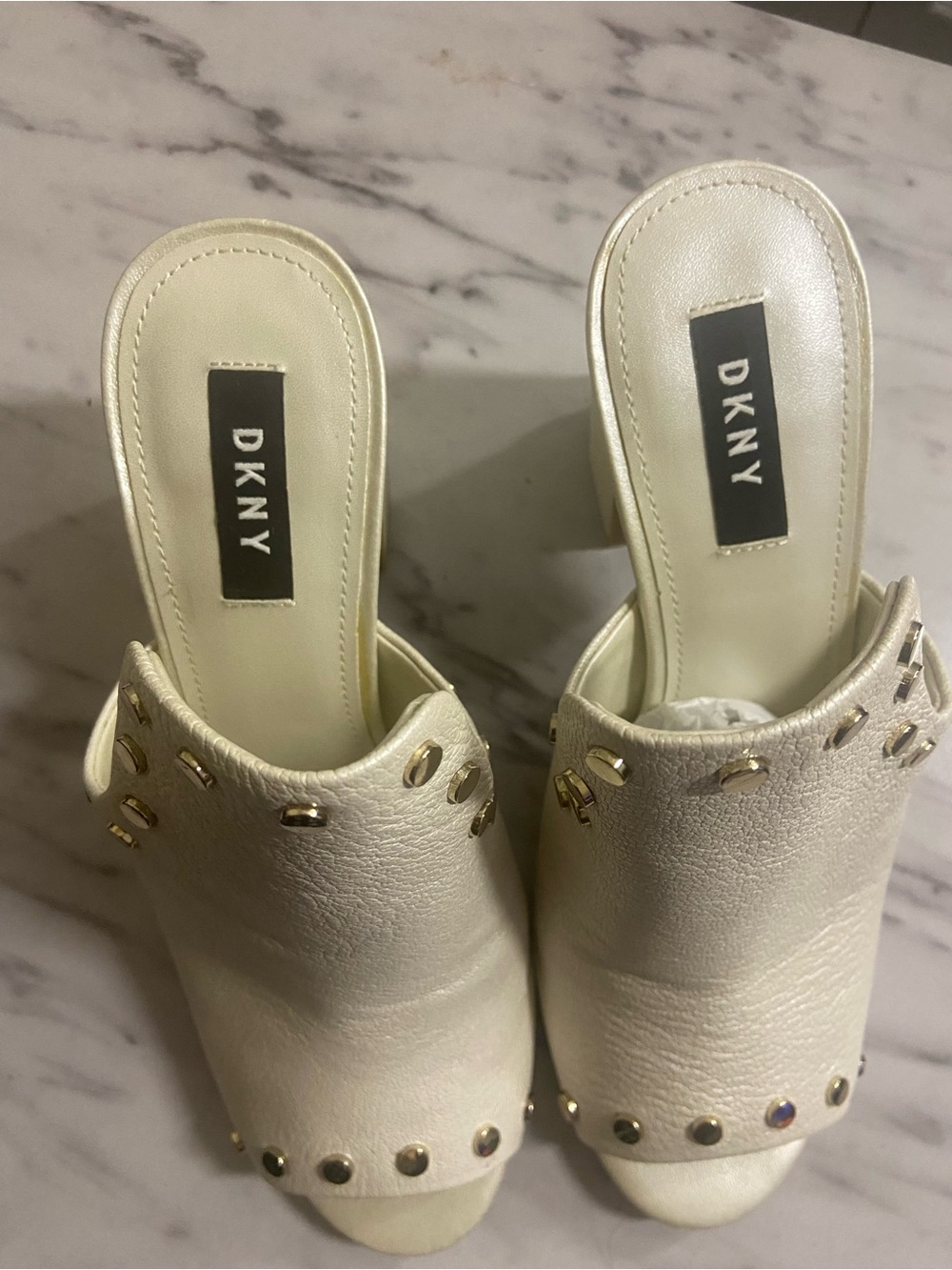DKNY Cream Slide Mules with Gold Stud Accents